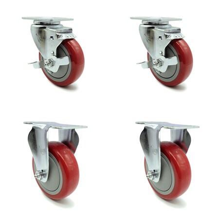 Service Caster 4 Inch Red Polyurethane Swivel Top Plate Caster Set with 2 Brakes 2 Rigid SCC SCC-20S414-PPUB-RED-TLB-2-R414-2
